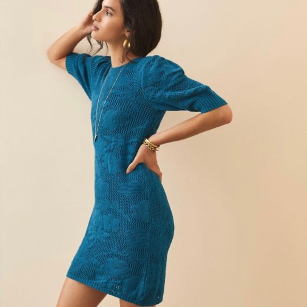 Maeve Pointelle Lined Knit Sweater Dress Blue Size Small